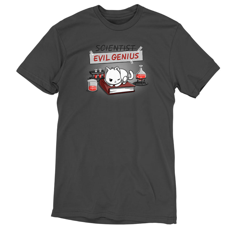 Premium Cotton T-shirt_TeeTurtle Evil Genius charcoal gray t-shirt featuring a white cat with a sly expression sitting on a book, surrounded by science equipment and red liquid in beakers. Above, a sign is crossed out that reads "SCIENTIST" with "EVIL GENIUS" written beneath it in red. 