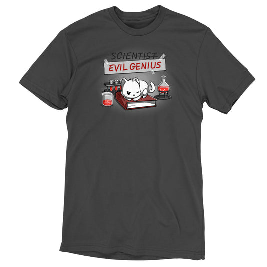 Premium Cotton T-shirt_TeeTurtle Evil Genius charcoal gray t-shirt featuring a white cat with a sly expression sitting on a book, surrounded by science equipment and red liquid in beakers. Above, a sign is crossed out that reads 