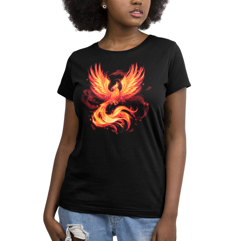 Premium Cotton T-shirt_TeeTurtle Fiery Phoenix black t-shirt featuring a phoenix with outstretched wings, glowing with fiery orange and yellow flames.