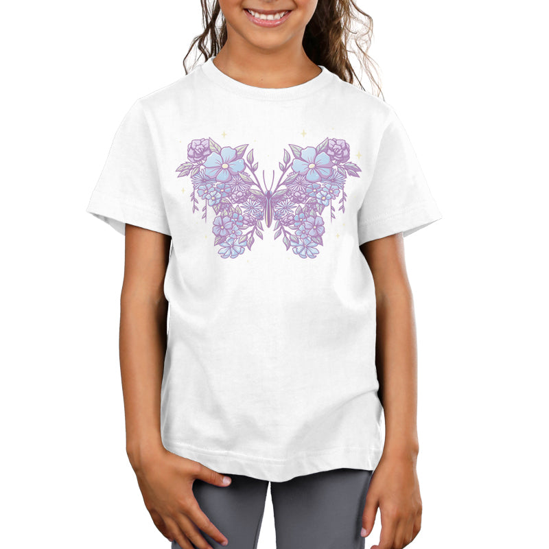 Premium Cotton T-shirt_TeeTurtle Floral Butterfly White t-shirt featuring an illustration of a butterfly made from lavender and light blue flowers with leaves, set against a white background.