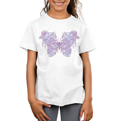 Premium Cotton T-shirt_TeeTurtle Floral Butterfly White t-shirt featuring an illustration of a butterfly made from lavender and light blue flowers with leaves, set against a white background.