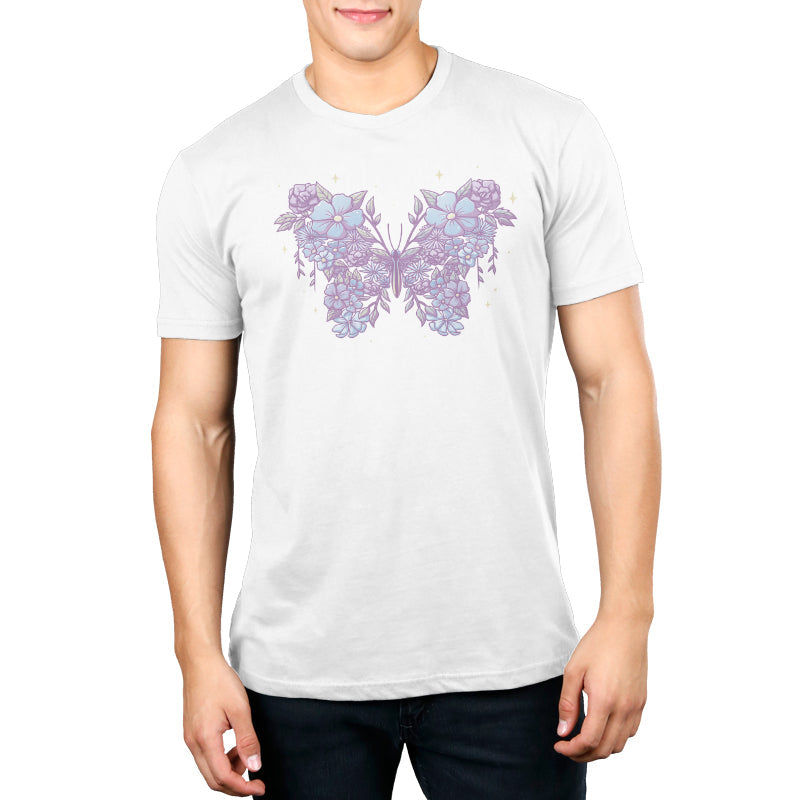 Premium Cotton T-shirt_TeeTurtle Floral Butterfly White t-shirt featuring an illustration of a butterfly made from lavender and light blue flowers with leaves, set against a white background.