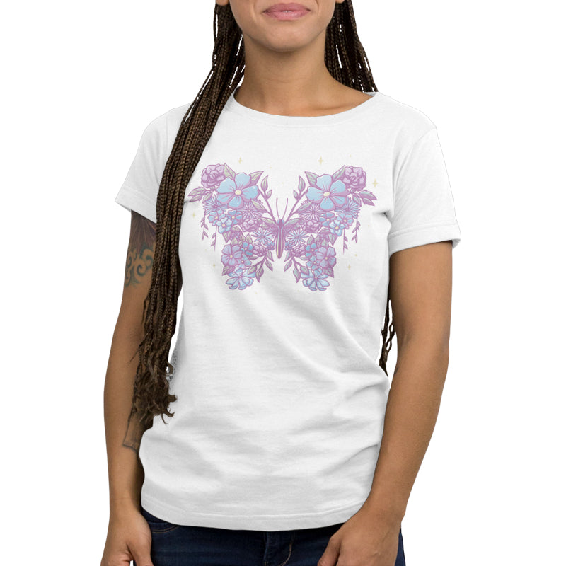 Premium Cotton T-shirt_TeeTurtle Floral Butterfly White t-shirt featuring an illustration of a butterfly made from lavender and light blue flowers with leaves, set against a white background.