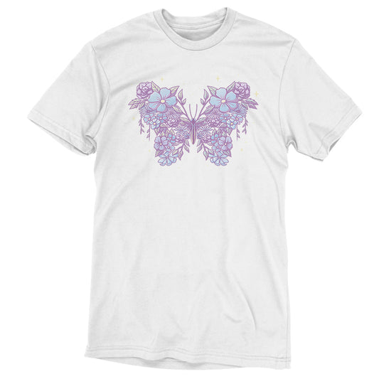 Premium Cotton T-shirt_TeeTurtle Floral Butterfly White t-shirt featuring an illustration of a butterfly made from lavender and light blue flowers with leaves, set against a white background.