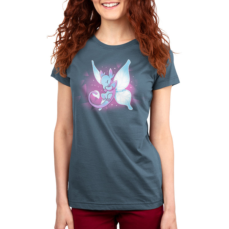 Premium Cotton T-shirt_Teeturtle Flutters Dragon Denim Blue Featuring an adorable little fairy dragon giggling at something while in flight.