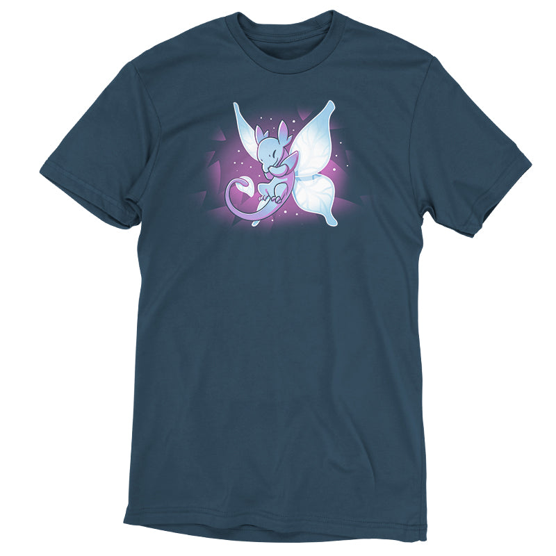 Premium Cotton T-shirt_Teeturtle Flutters Dragon Denim Blue Featuring an adorable little fairy dragon giggling at something while in flight.