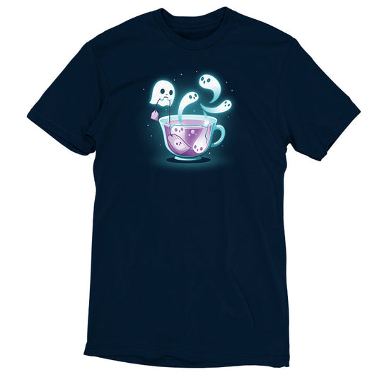 Premium Cotton T-shirt_TeeTurtle Fresh-Booed Tea navy blue t-shirt featuring a glowing teacup with ghost-like figures emerging from it and a ghost holding a tea bag.