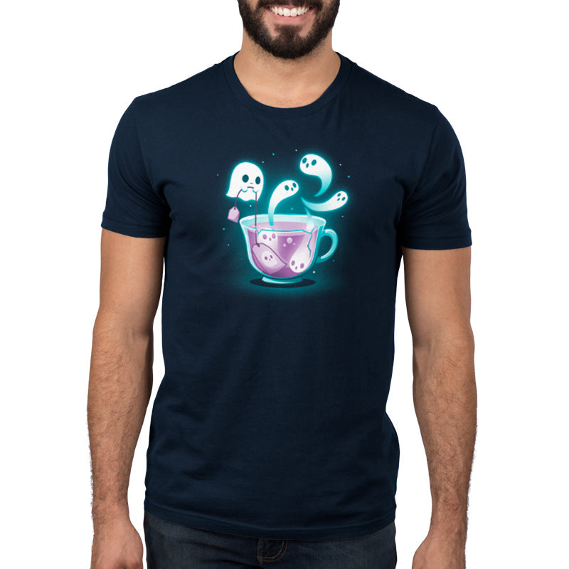 Premium Cotton T-shirt_TeeTurtle Fresh-Booed Tea navy blue t-shirt featuring a glowing teacup with ghost-like figures emerging from it and a ghost holding a tea bag.