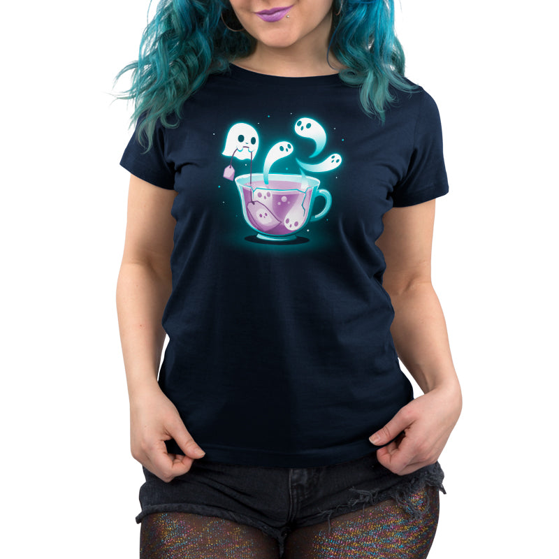 Premium Cotton T-shirt_TeeTurtle Fresh-Booed Tea navy blue t-shirt featuring a glowing teacup with ghost-like figures emerging from it and a ghost holding a tea bag.