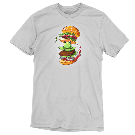 Premium Cotton T-shirt_TeeTurtle silver gray Frog Burger featuring a frog in the middle of a burger’s floating ingredients.