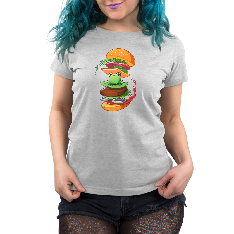 Premium Cotton T-shirt_TeeTurtle silver gray Frog Burger featuring a frog in the middle of a burger’s floating ingredients.