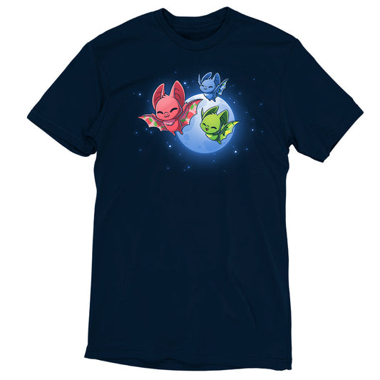 Premium Cotton T-shirt_TeeTurtle Fruit Bats navy blue t-shirt featuring three colorful fruit bats (red, green, blue) with decorative wings flying against a night sky with a full moon and stars.