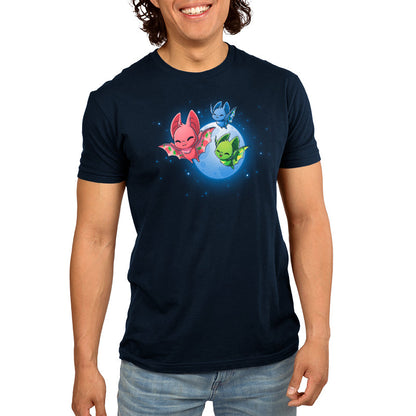 Premium Cotton T-shirt_TeeTurtle Fruit Bats navy blue t-shirt featuring three colorful fruit bats (red, green, blue) with decorative wings flying against a night sky with a full moon and stars.