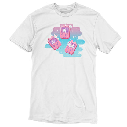 Premium Cotton T-shirt_TeeTurtle white Gaming Kitties t-shirt featuring white kittens inside a set of pink classic handheld video gaming consoles.