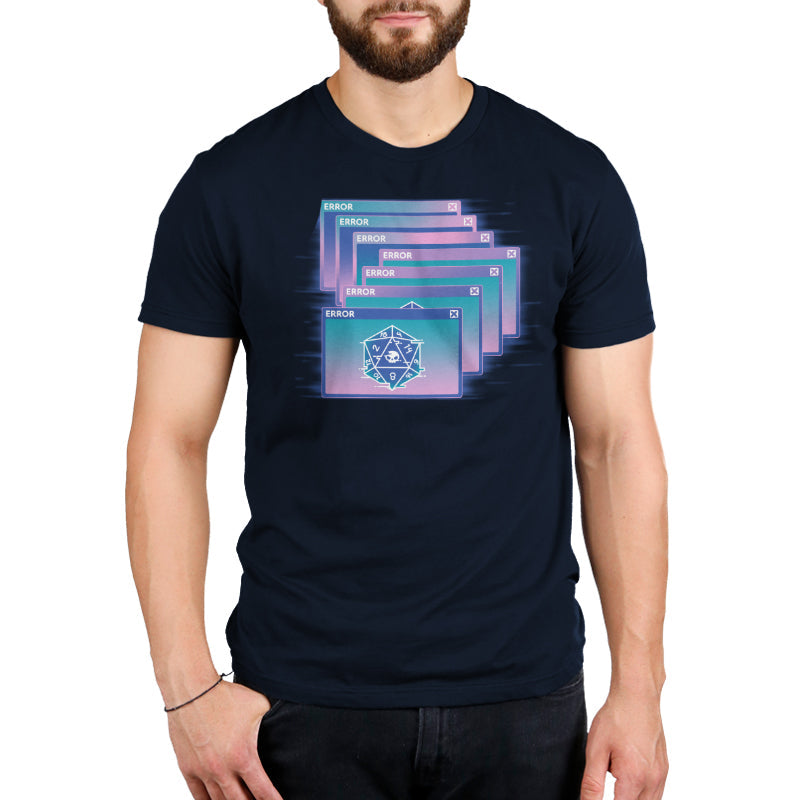 Premium Cotton T-shirt_TeeTurtle GlitchWave D20 navy blue t-shirt featuring a series of overlapping error messages with a vaporwave gradient background, featuring an icon of a 20-sided die displaying numbers and a skull symbol.