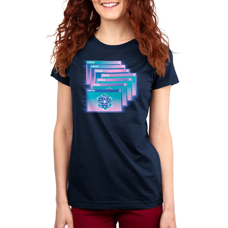 Premium Cotton T-shirt_TeeTurtle GlitchWave D20 navy blue t-shirt featuring a series of overlapping error messages with a vaporwave gradient background, featuring an icon of a 20-sided die displaying numbers and a skull symbol.