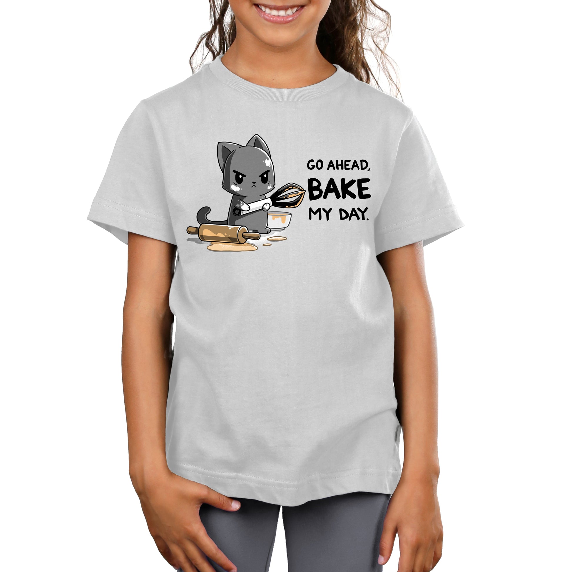 Premium Cotton T-shirt_TeeTurtle Go Ahead Bake My Day Silver Gray t-shirt featuring An angry cartoon cat holding a whisk and covered in dough stands next to a messy rolling pin and bowl with the text "Go Ahead, Bake My Day"