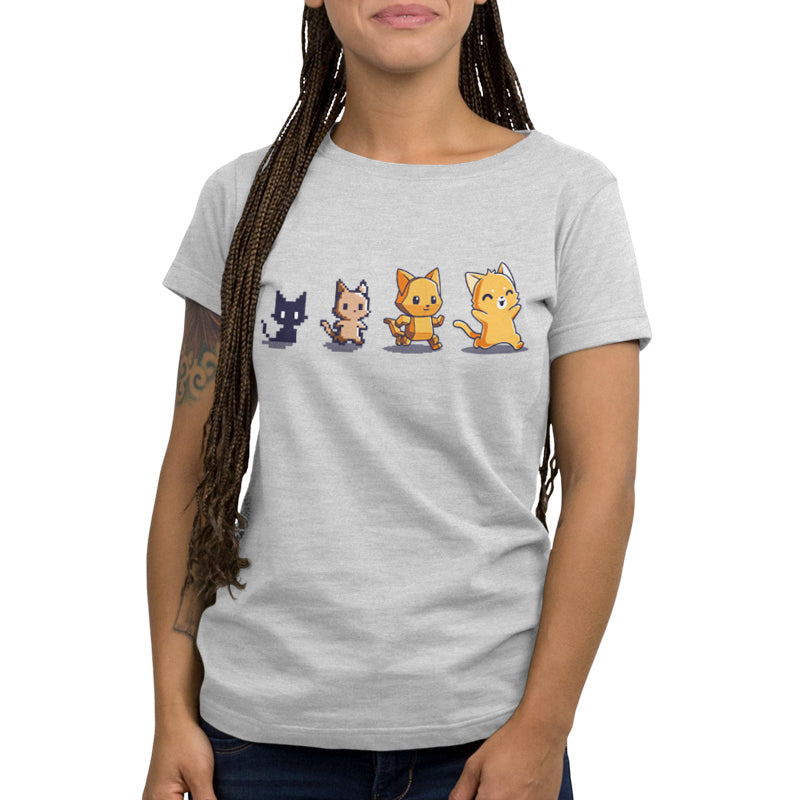 Premium Cotton T-shirt_TeeTurtle Graphics Evolution Silver Gray t-shirt featuring a sequence of four pixel art-style cats showing evolutionary stages. 