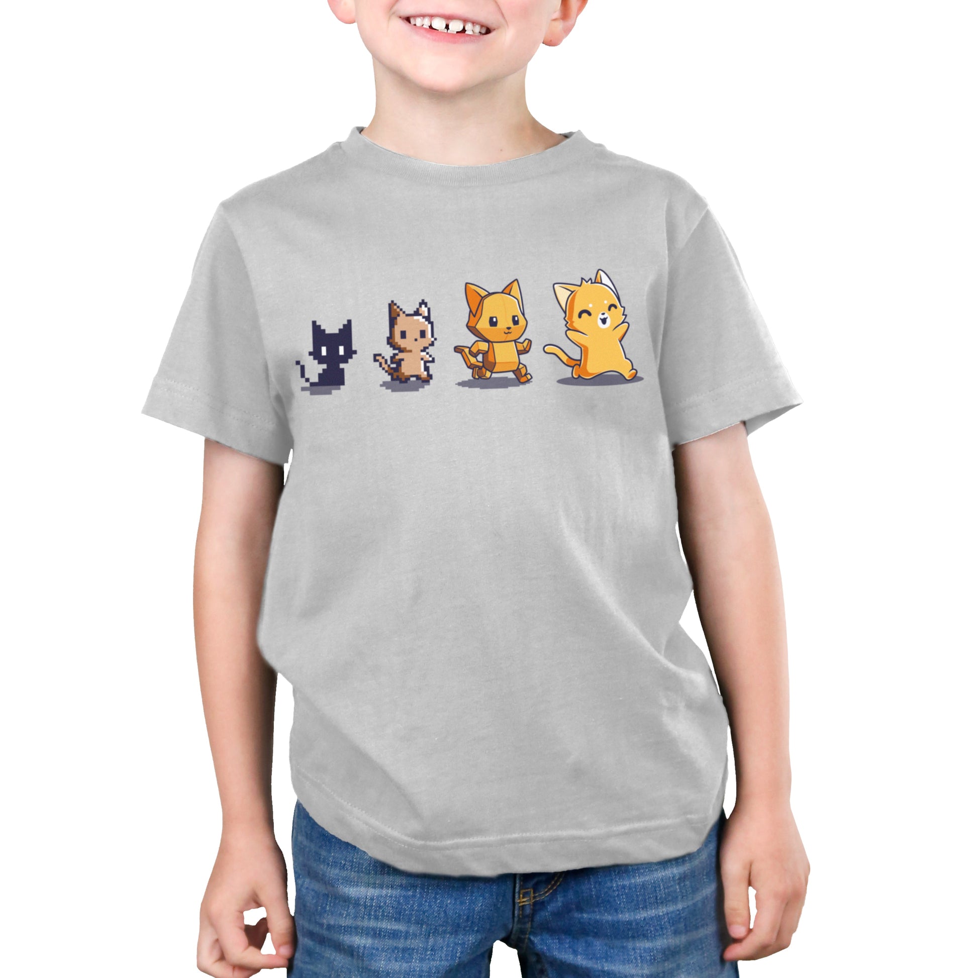 Premium Cotton T-shirt - A child wearing a silver apparel with pixel art images of four cats in different colors and poses, made from super soft ringspun cotton by monsterdigital, called Graphics Evolution.