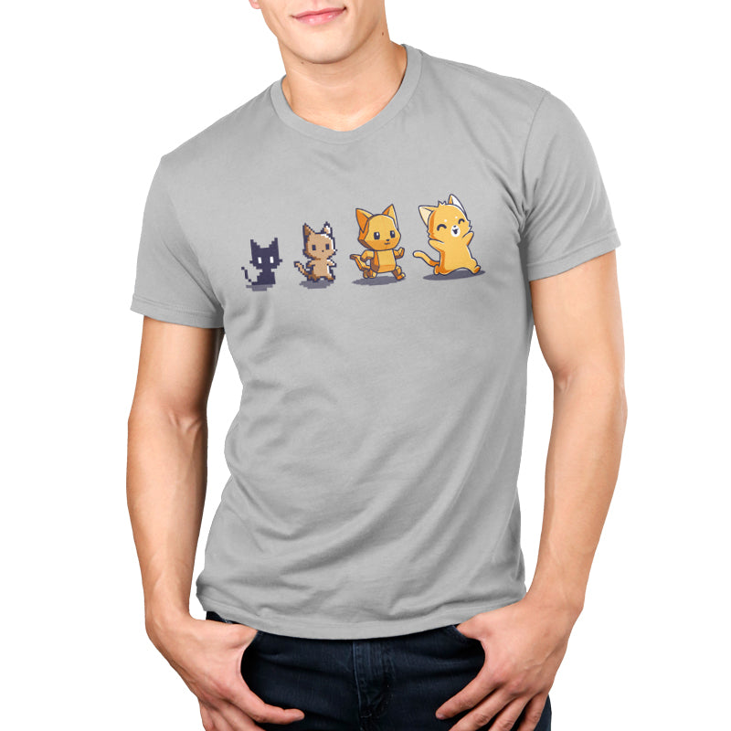 Premium Cotton T-shirt_TeeTurtle Graphics Evolution Silver Gray t-shirt featuring a sequence of four pixel art-style cats showing evolutionary stages. 