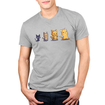 Premium Cotton T-shirt_TeeTurtle Graphics Evolution Silver Gray t-shirt featuring a sequence of four pixel art-style cats showing evolutionary stages. 