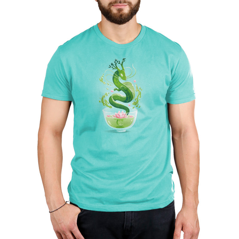 Premium Cotton T-shirt_TeeTurtle Green Tea Dragon Caribbean Blue t-shirt featuring an artistic green dragon with leaf details coming out of a cup of green tea with lotus flowers inside.