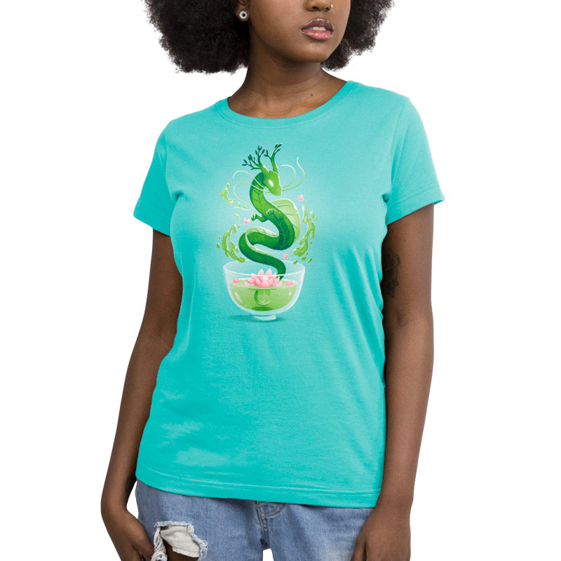 Premium Cotton T-shirt_TeeTurtle Green Tea Dragon Caribbean Blue t-shirt featuring an artistic green dragon with leaf details coming out of a cup of green tea with lotus flowers inside.