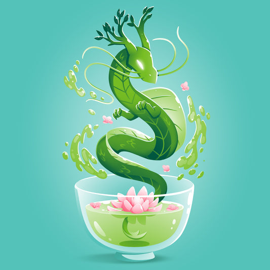 Premium Cotton T-shirt_TeeTurtle Green Tea Dragon Caribbean Blue t-shirt featuring an artistic green dragon with leaf details coming out of a cup of green tea with lotus flowers inside.