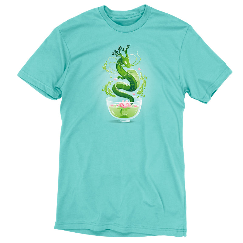 Premium Cotton T-shirt_TeeTurtle Green Tea Dragon Caribbean Blue t-shirt featuring an artistic green dragon with leaf details coming out of a cup of green tea with lotus flowers inside.