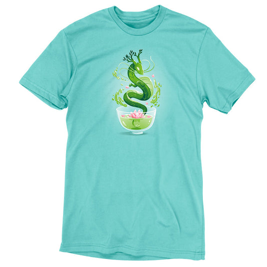 Premium Cotton T-shirt_TeeTurtle Green Tea Dragon Caribbean Blue t-shirt featuring an artistic green dragon with leaf details coming out of a cup of green tea with lotus flowers inside.