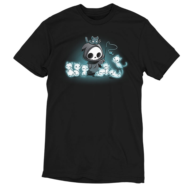 Premium Cotton T-shirt_TeeTurtle Grim and Kitties black t-shirt featuring a hooded skeleton figure, resembling a spooky Grim Reaper, standing surrounded by glowing ghostly cats. One cat is perched on its head while it playfully dangles a toy fish in front of the others.