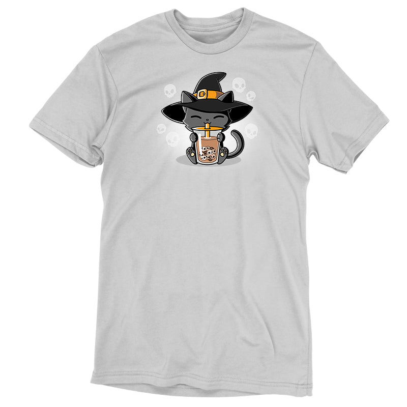 Premium Cotton T-shirt_TeeTurtle silver gray Halloween Boba Cat. Featuring a cat with a witch hat sipping on drinking skull-shaped bubble tea.