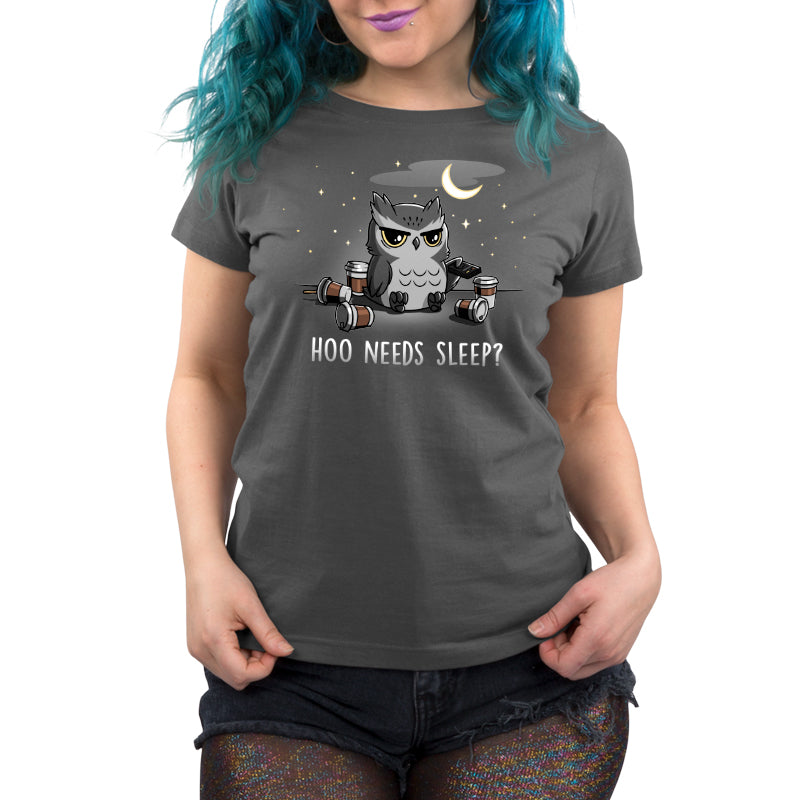 Premium Cotton T-shirt_Teeturtle Hoo Needs Sleep? charcoal gray t-shirt featuring an owl sitting with coffee cups and a TV remote, under a night sky with stars and a crescent moon. The text below reads "Hoo Needs Sleep?"