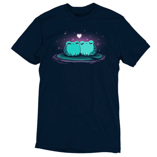 Premium Cotton T-shirt_TeeTurtle Hoppy Together navy blue t-shirt featuring two cute green frogs sitting together on a lily pad, surrounded by glowing stars with a floating heart above them.