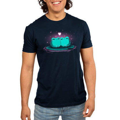 Premium Cotton T-shirt_TeeTurtle Hoppy Together navy blue t-shirt featuring two cute green frogs sitting together on a lily pad, surrounded by glowing stars with a floating heart above them.