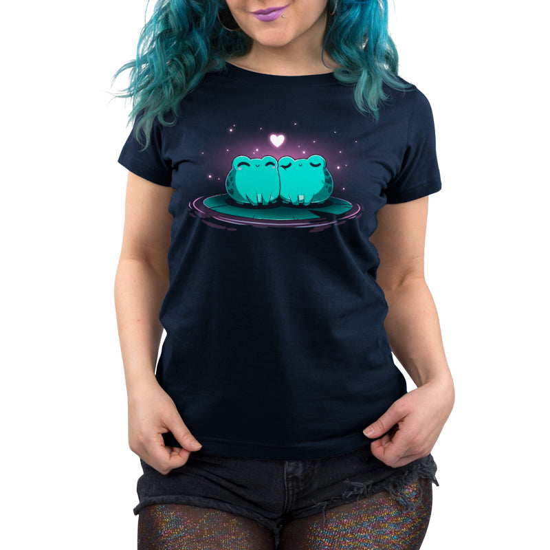 Premium Cotton T-shirt_TeeTurtle Hoppy Together navy blue t-shirt featuring two cute green frogs sitting together on a lily pad, surrounded by glowing stars with a floating heart above them.