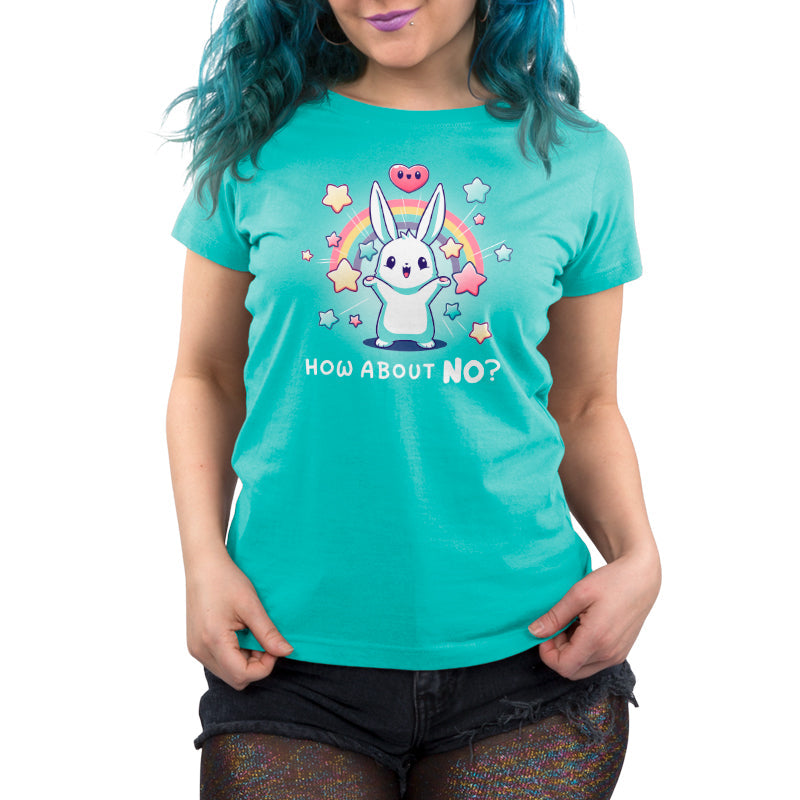 Woman wearing a Caribbean blue monsterdigital TeeTurtle t-shirt with a graphic of a cartoon rabbit and the phrase "how about no?