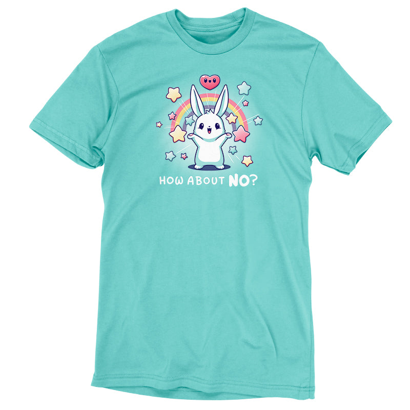 Premium Cotton T-shirt_TeeTurtle How About No? caribbean blue t-shirt featuring a happy bunny with stars, hearts and rainbows. The text reads, "How About No?"