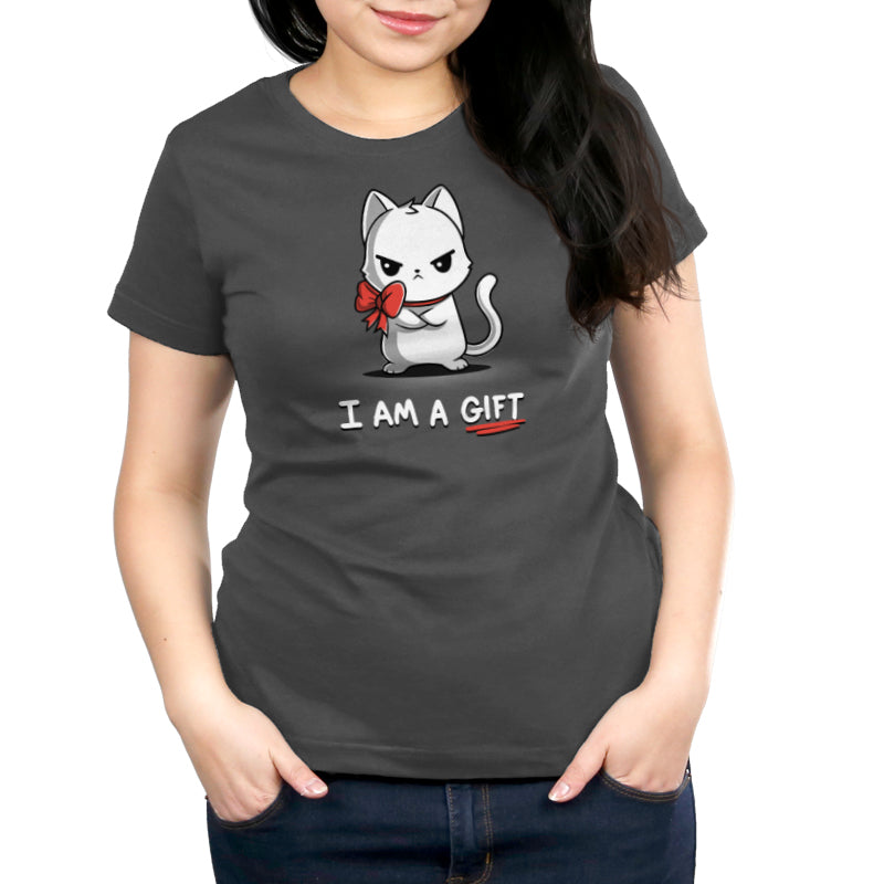 Premium Cotton T-shirt_Teeturtle I Am a Gift charcoal gray t-shirt featuring an annoyed white cat with a red bow around its neck. The text below reads "I AM A GIFT."