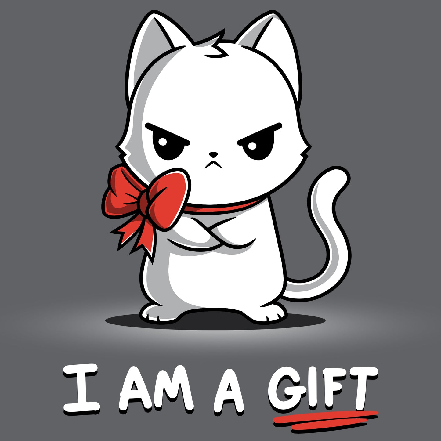 Premium Cotton T-shirt_Teeturtle I Am a Gift charcoal gray t-shirt featuring an annoyed white cat with a red bow around its neck. The text below reads "I AM A GIFT."