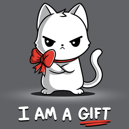 Premium Cotton T-shirt_Teeturtle I Am a Gift charcoal gray t-shirt featuring an annoyed white cat with a red bow around its neck. The text below reads 