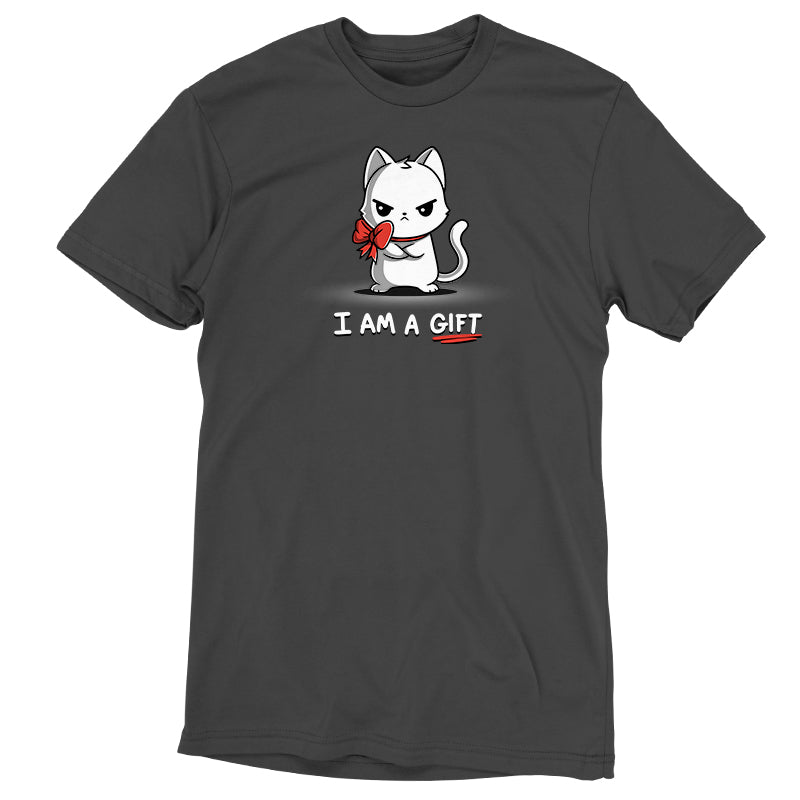 Premium Cotton T-shirt_Teeturtle I Am a Gift charcoal gray t-shirt featuring an annoyed white cat with a red bow around its neck. The text below reads "I AM A GIFT."