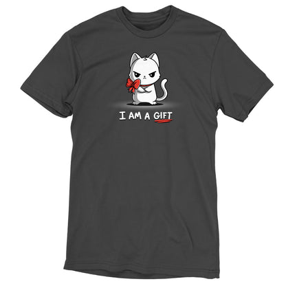 Premium Cotton T-shirt_Teeturtle I Am a Gift charcoal gray t-shirt featuring an annoyed white cat with a red bow around its neck. The text below reads "I AM A GIFT."