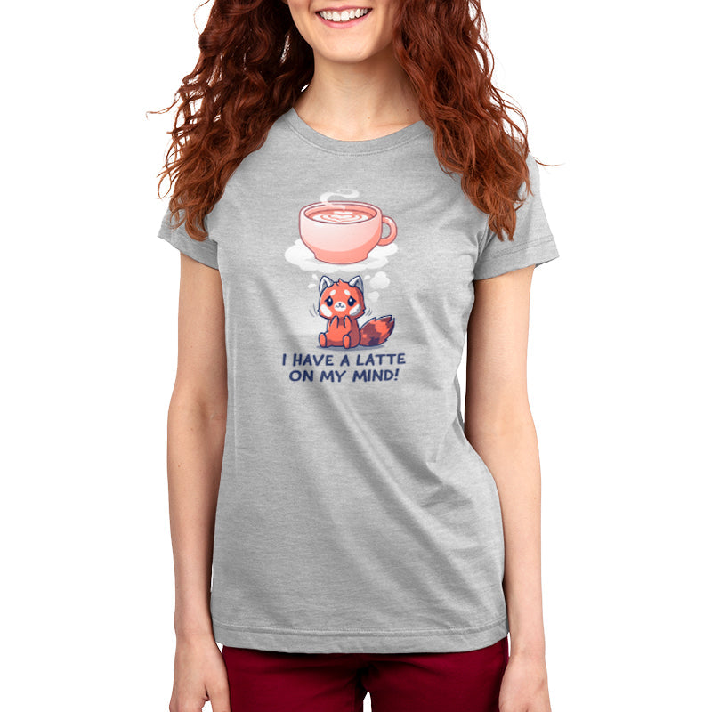 Premium Cotton T-shirt_Teeturtle I Have a Latte on My Mind silver gray t-shirt featuring a cute red panda with a thought bubble showing a latte and the text "I have a latte on my mind!"