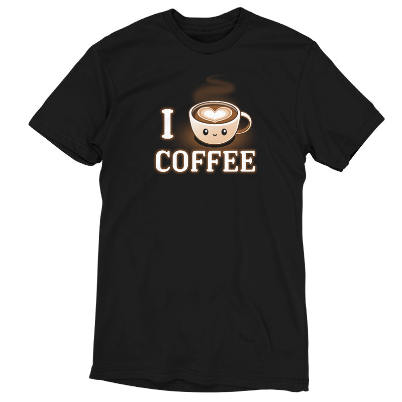 Premium Cotton T-shirt_TeeTurtle I <3 Coffee black t-shirt featuring a coffee cup with a smiling face and a heart-shaped design in the foam, accompanied by the text "I <3 Coffee."