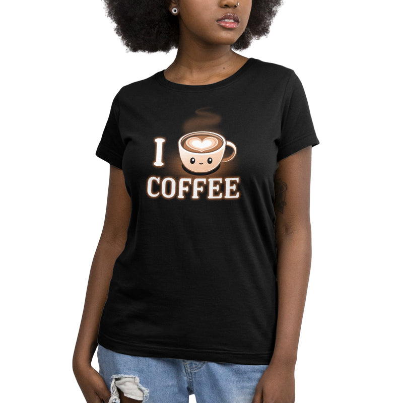 Premium Cotton T-shirt_TeeTurtle I <3 Coffee black t-shirt featuring a coffee cup with a smiling face and a heart-shaped design in the foam, accompanied by the text "I <3 Coffee."