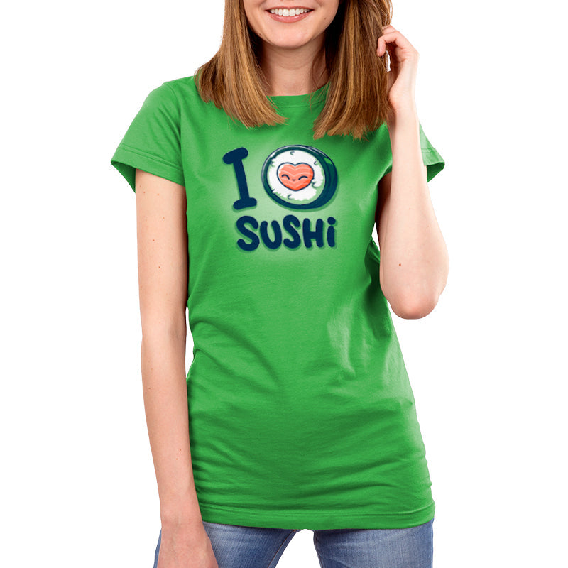 Premium Cotton T-shirt_Teeturtle I Heart Sushi Apple Green Featuring a little cartoon sushi roll with the center of it forming a heart and I <3 Sushi as the text.