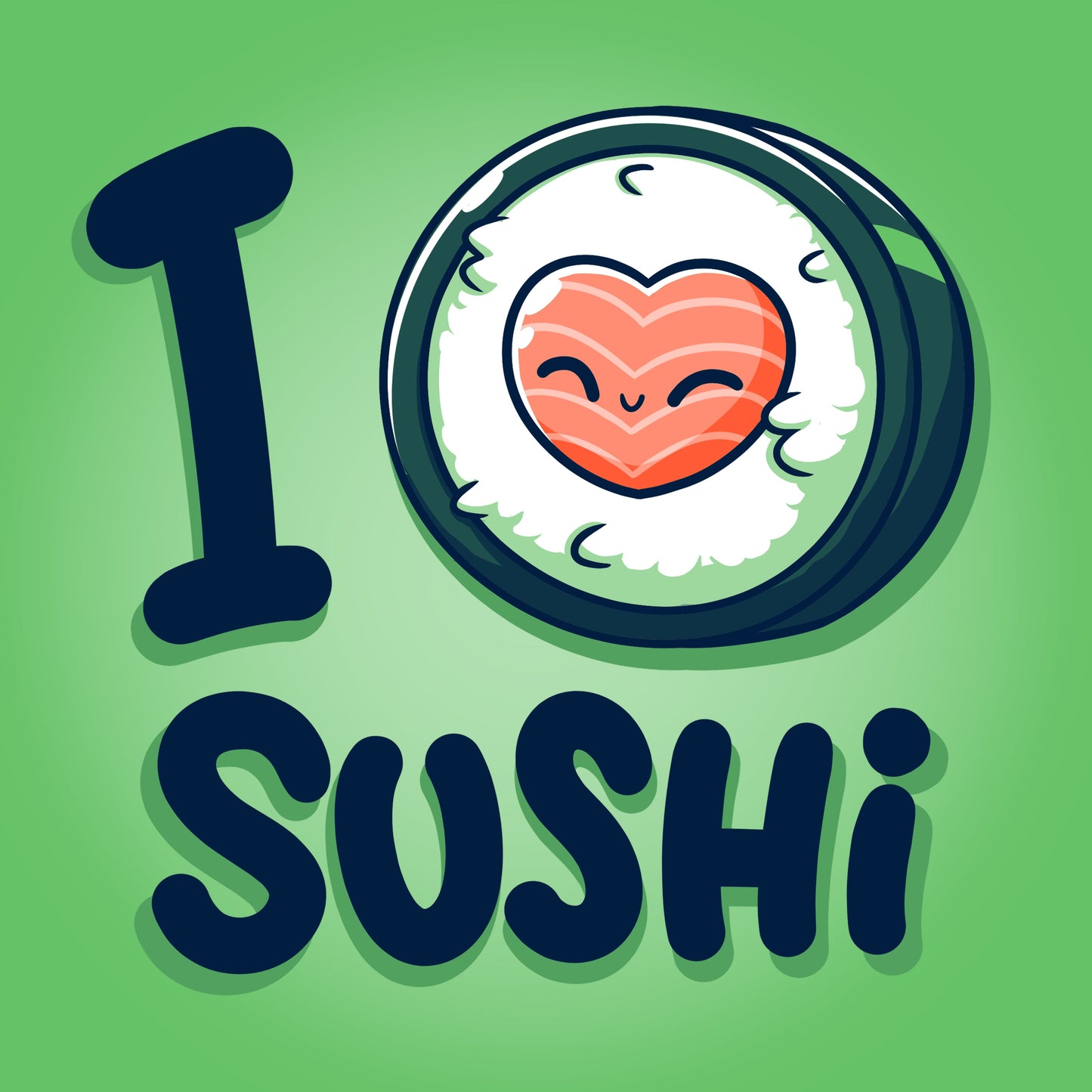 Premium Cotton T-shirt_Teeturtle I Heart Sushi apple green t-shirt featuring a little cartoon sushi roll with the center of it forming a heart and I <3 Sushi as the text.