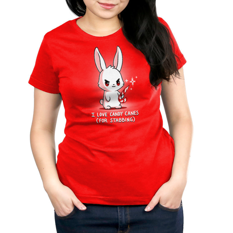 Premium Cotton T-shirt_TeeTurtle I Love Candy Canes(For Stabbing) red t-shirt featuring an angry bunny holding a candy cane with a sharp end.