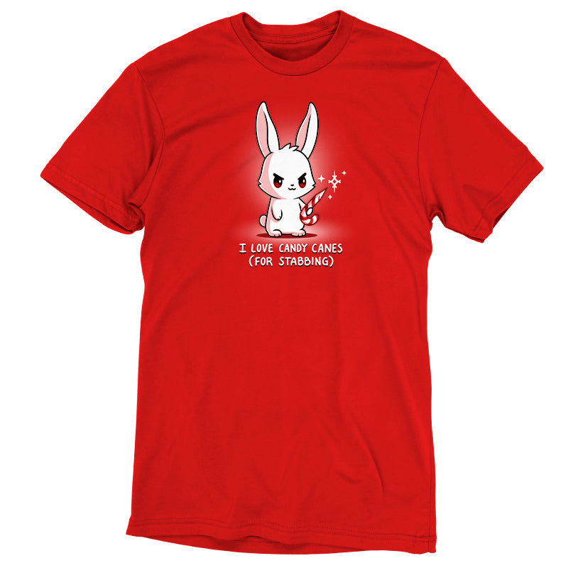 Premium Cotton T-shirt_TeeTurtle I Love Candy Canes(For Stabbing) red t-shirt featuring an angry bunny holding a candy cane with a sharp end.